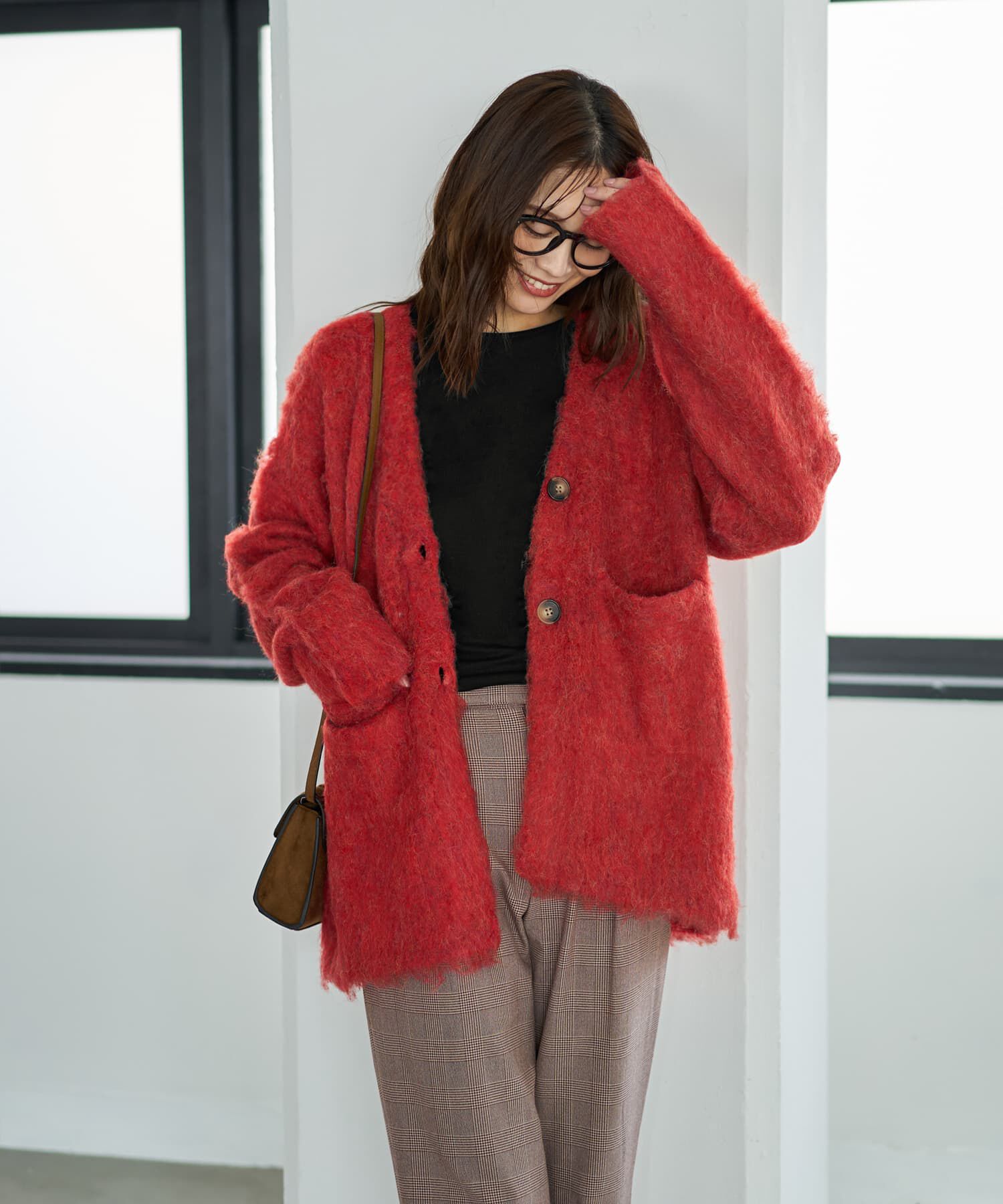STYLE DELI「【LUXE】毛起こしブークレポケットカーディガン」|ニット・セーター|レッド