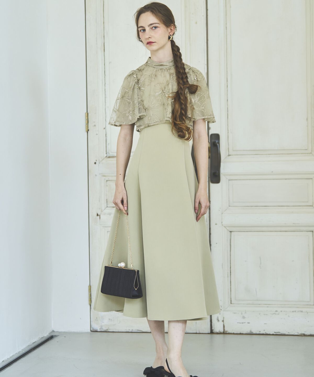 アンドクチュール「ラメフラワーチュールレイヤードドレス」|ドレス|グリーン