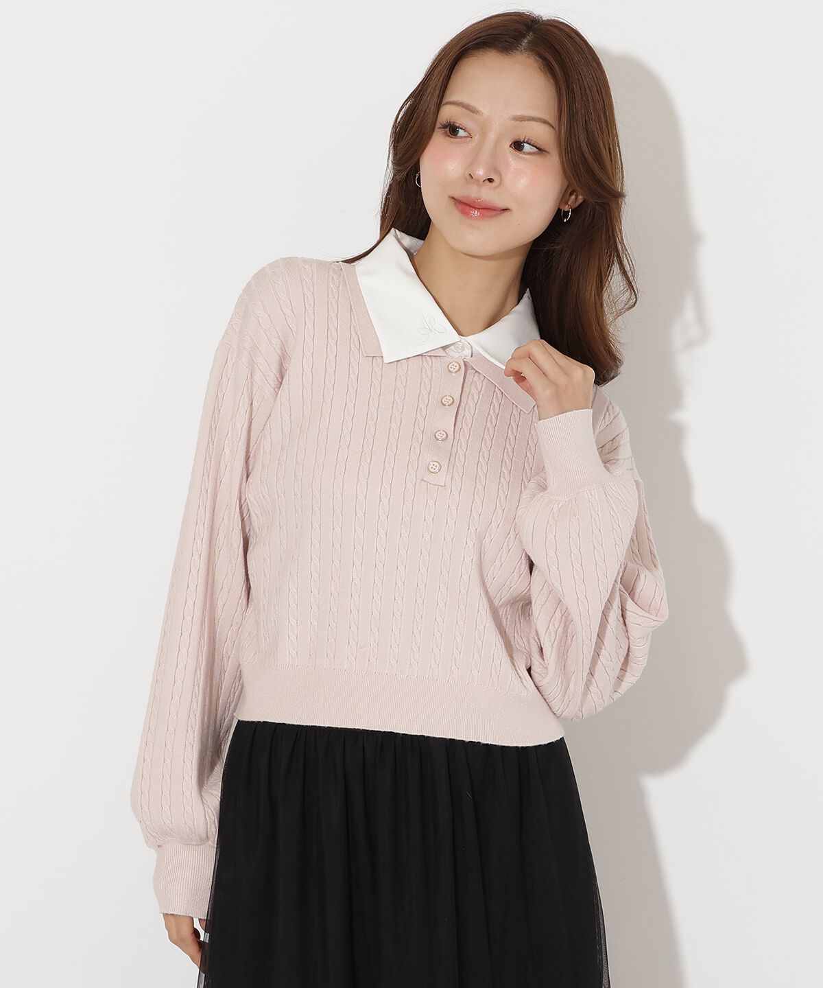 アンドクチュール「シャツ襟ケーブルニット」|ニット・セーター|ピンク