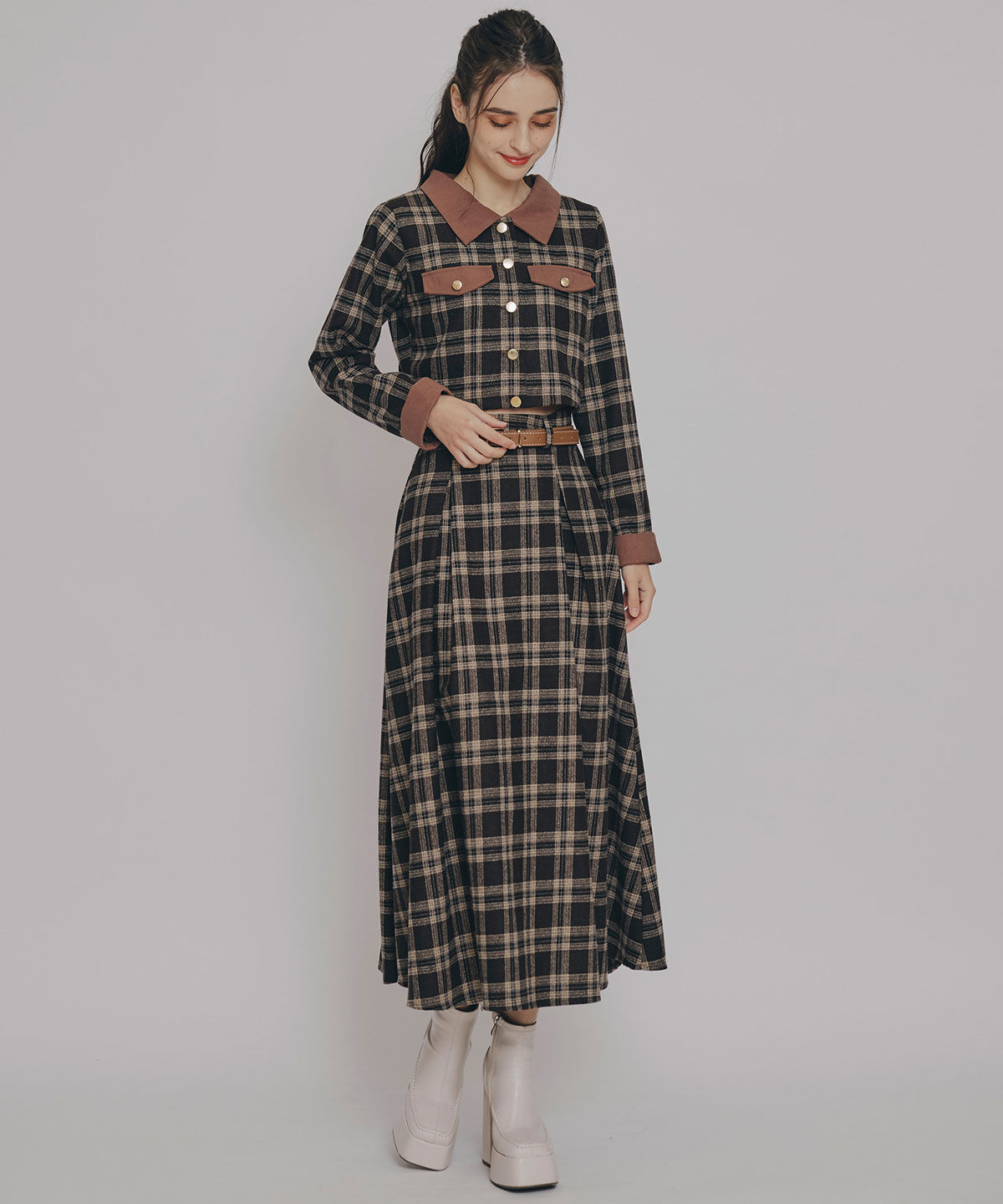 REDYAZEL「クラシカルチェックコンパクトシャツ&times;ロングスカートセットアップ」|ワンピース|