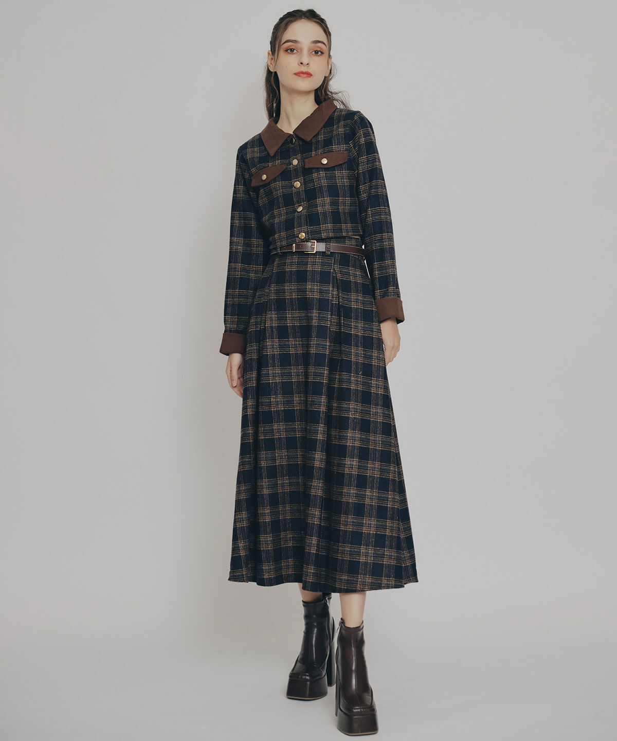 REDYAZEL「クラシカルチェックコンパクトシャツ&times;ロングスカートセットアップ」|ワンピース|