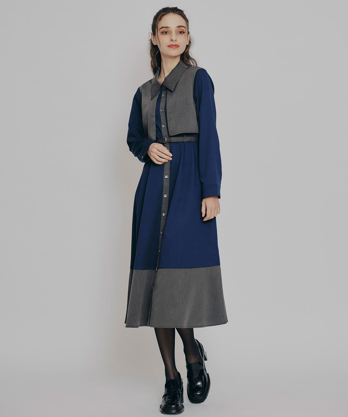 REDYAZEL「カラーブロッキングシャツロングフレアワンピース」|ワンピース|