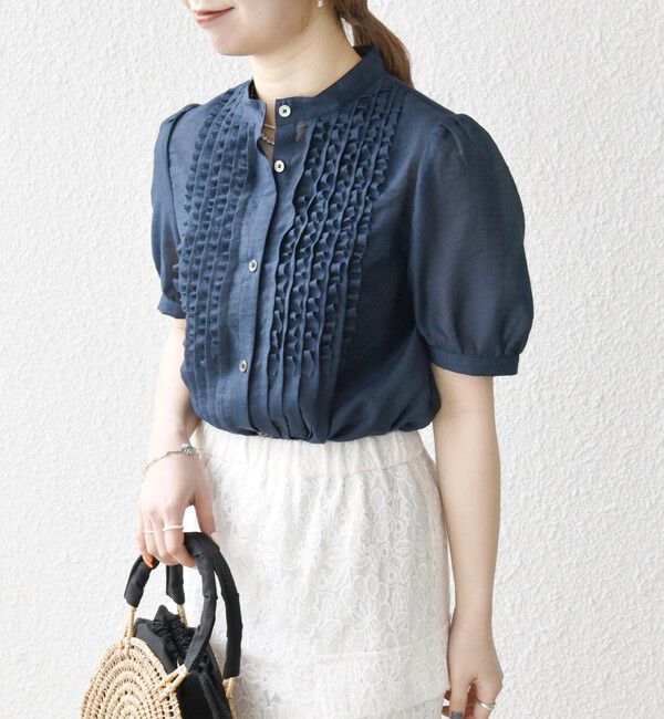 SHIPS any「SHIPS any:〈手洗い可能〉シアー フリル バンドカラー パフ シャツ ブラウス」|シャツ・ブラウス|