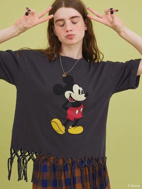  「裾フリンジ半袖カットプルオーバー/Mickey」|Tシャツ・カットソー|チャコールグレー