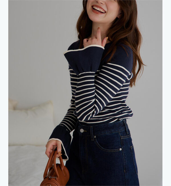 titivate「ボートネックベルスリーブニット」|ニット・セーター|ボーダー/ネイビー