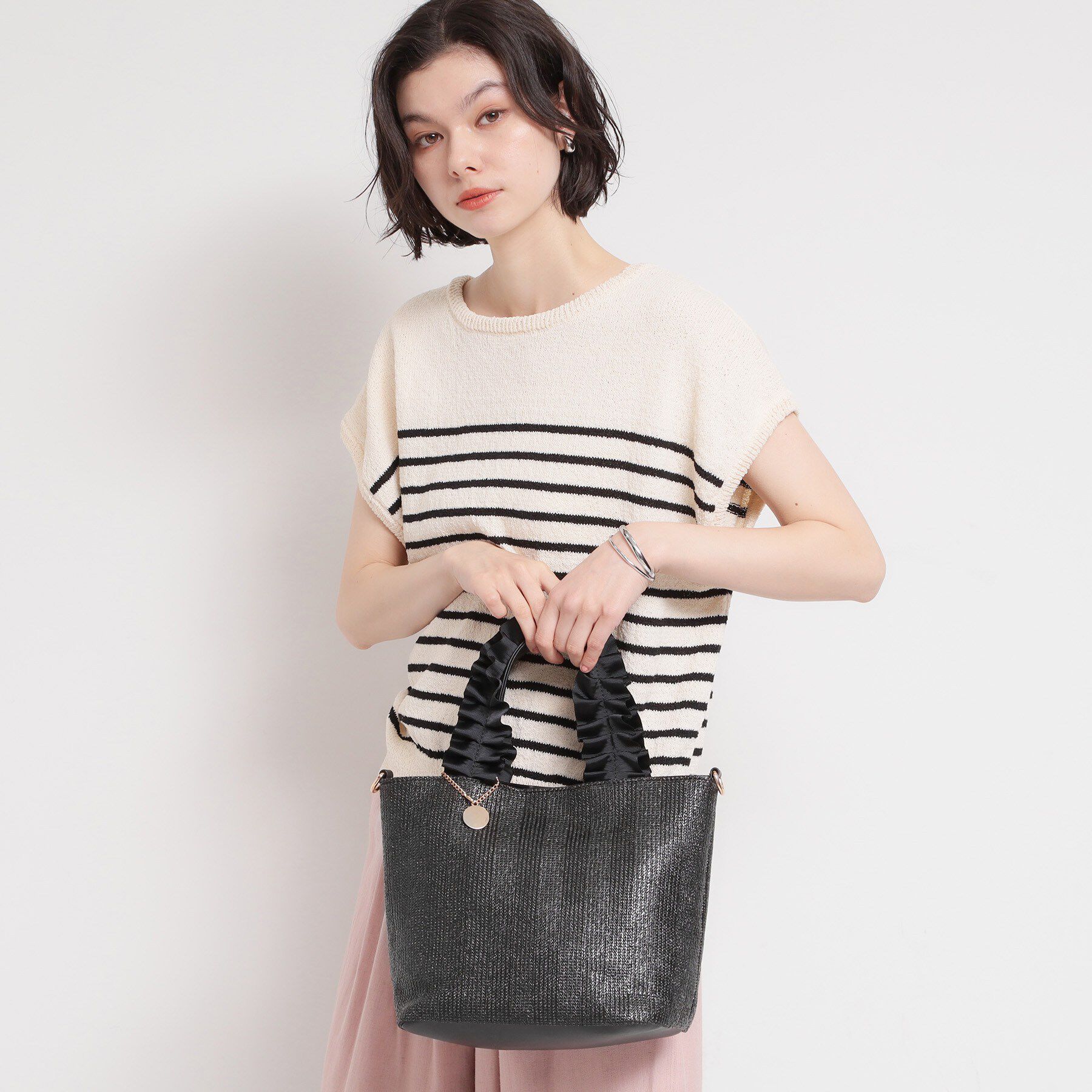 THE SHOP TK「雑材フリルハンドルトートバッグ」|トートバッグ|ブラック(019)