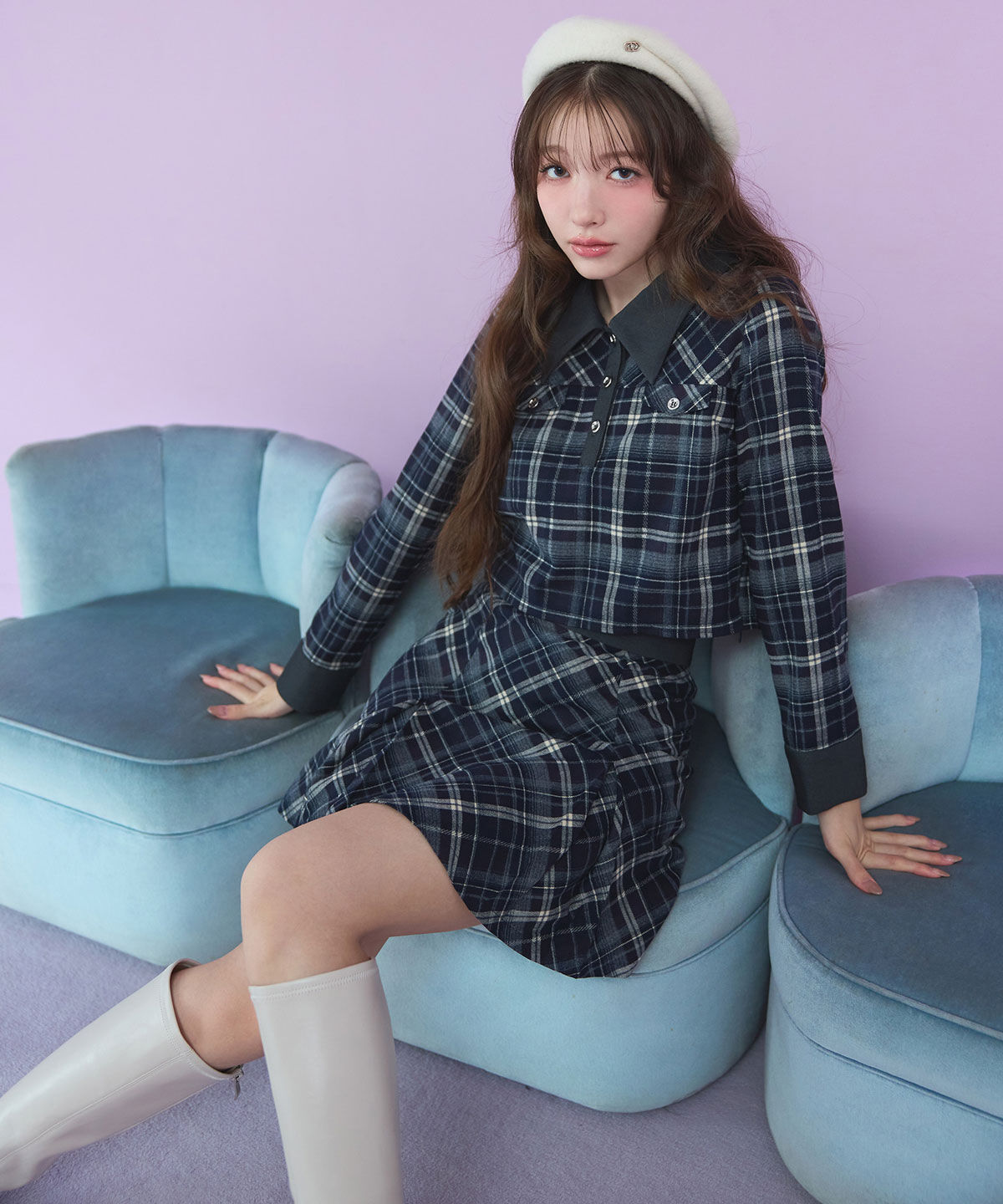 REDYAZEL「バイアスチェックショートブラウス&times;プリーツミニスカートセットアップ」|ワンピース|ブルー