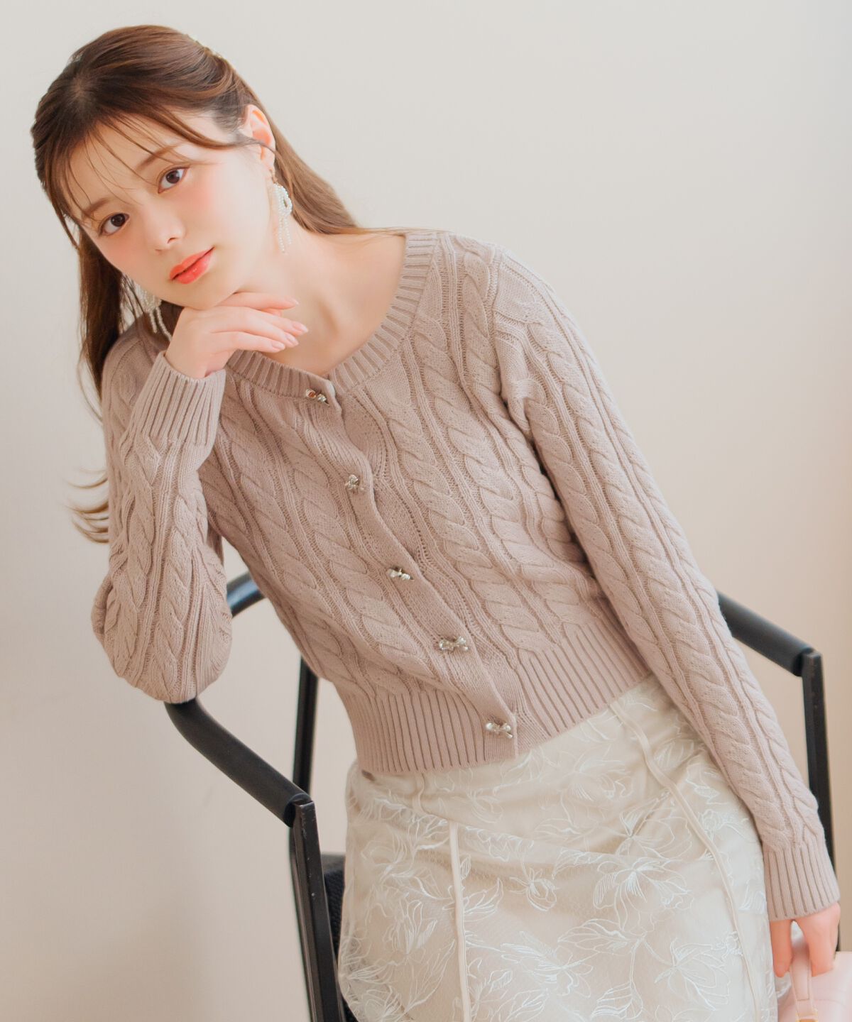 WILLSELECTION「ビジューリボンケーブルカーディガン」|カーディガン|