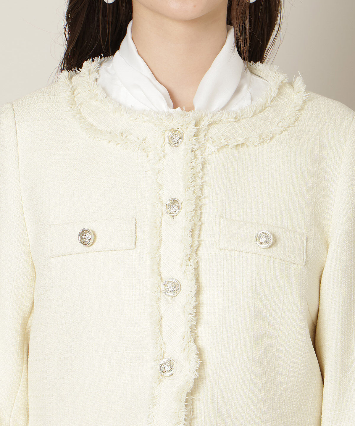 WILLSELECTION「ノーカラーフリンジツイードジャケット」|ノーカラージャケット|