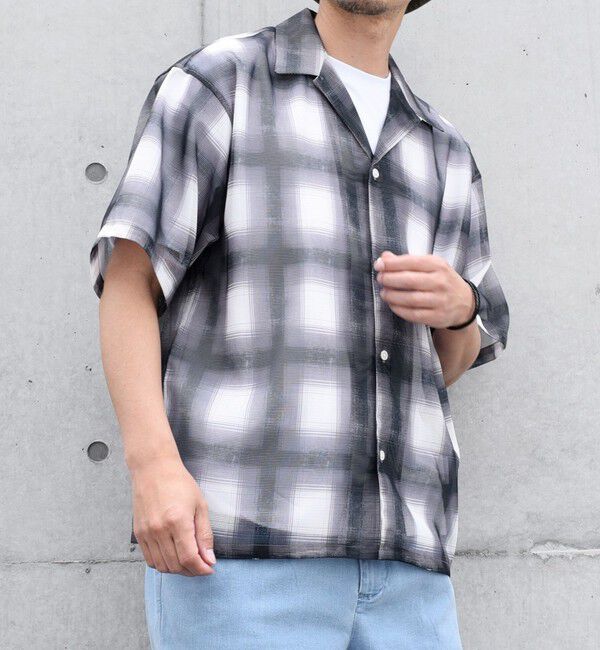 SHIPS any「SHIPS any: メッシュ オンブレチェック / ウェーブ パターン オープンカラー シアー シャツ◇」|シャツ・ブラウス|