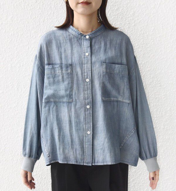 SHIPS for women「〈手洗い可能〉シアー デニム 袖 リブ バンドカラー シャツ」|シャツ・ブラウス|