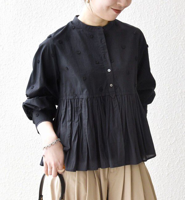 SHIPS any「【WEB限定】SHIPS any:〈洗濯機可能〉フラワー モチーフ ペプラム ギャザー シャツ ブラウス」|シャツ・ブラウス|ブラック