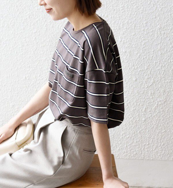 SHIPS any「SHIPS any:〈洗濯機可能〉マルチボーダー ワイド TEE」|Tシャツ・カットソー|チャコールグレー