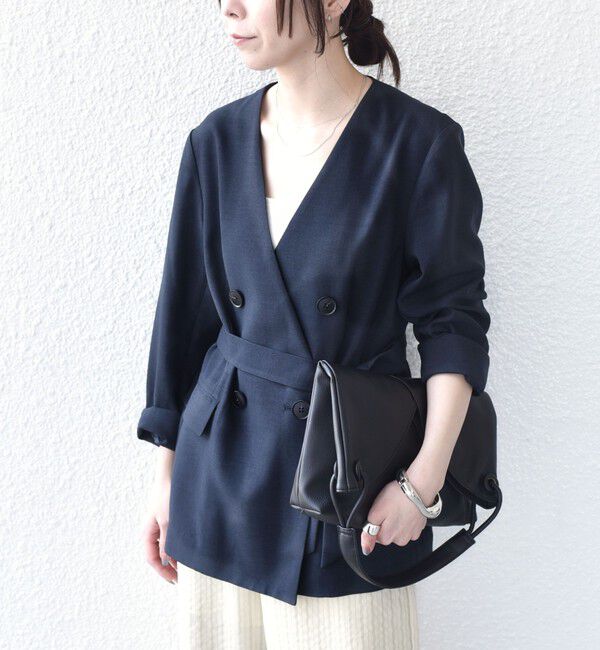 SHIPS Colors 「《予約》SHIPS Colors:〈手洗い可能〉リネン ライク ベルテッド ジャケット◆」|ノーカラージャケット|ネイビー