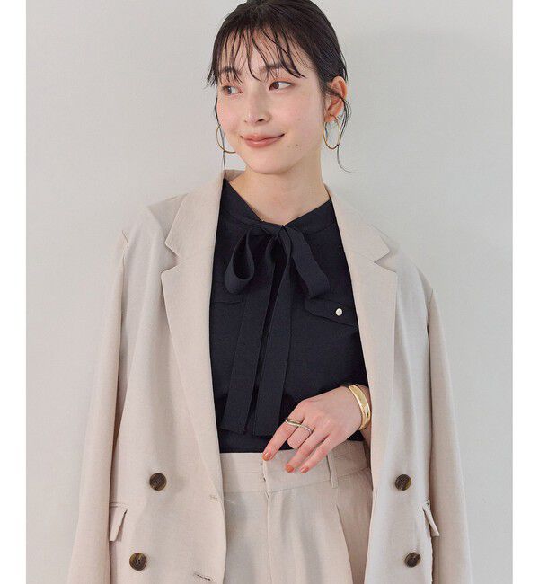 VIS「リボン付き半袖ニットプルオーバー/イージーケア」|ニット・セーター|ネイビー(40)