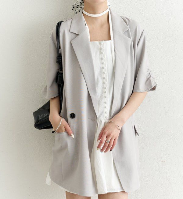  「袖口ギャザー半袖ジャケット」|テーラードジャケット|