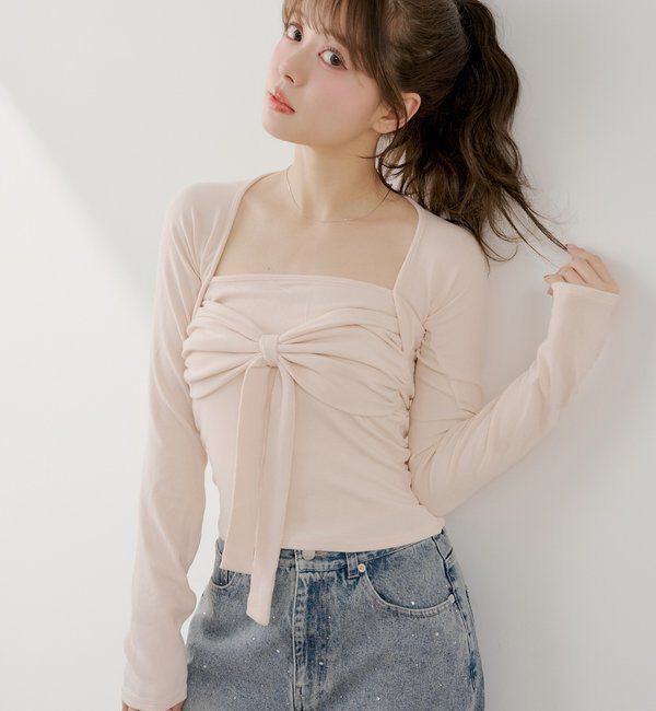  「ボレロ風リボントップス」|Tシャツ・カットソー|ピンク