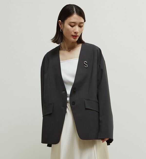 Soffitto「多機能ストレッチ素材麻混ノーカラー立体袖ジャケット」|ノーカラージャケット|チャコールグレー