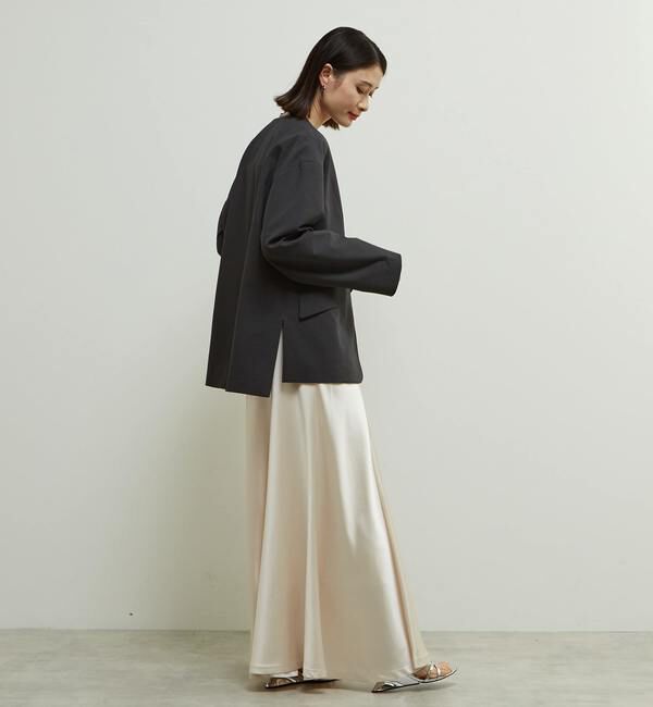 Soffitto「多機能ストレッチ素材麻混ノーカラー立体袖ジャケット」|ノーカラージャケット|