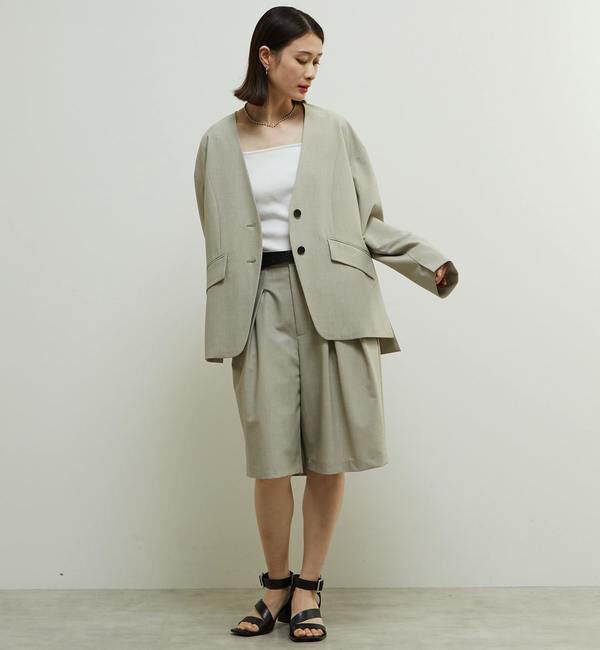 Soffitto「多機能ストレッチ素材麻混ノーカラー立体袖ジャケット」|ノーカラージャケット|