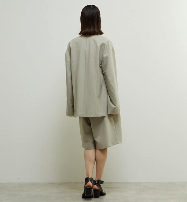 Soffitto「多機能ストレッチ素材麻混ノーカラー立体袖ジャケット」|ノーカラージャケット|