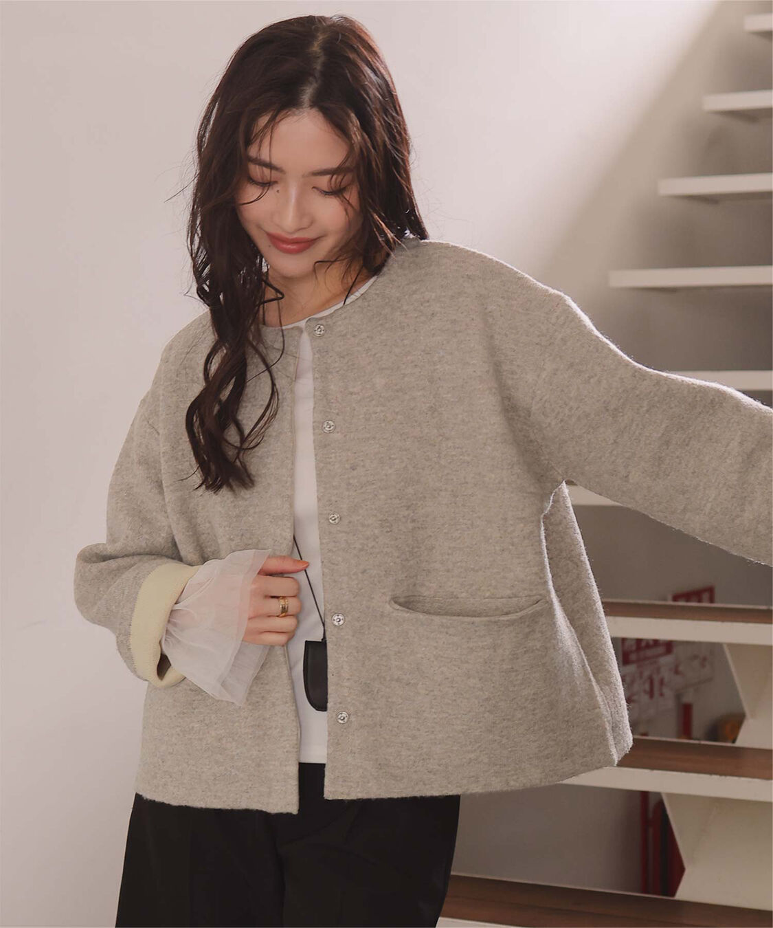 titivate「配色デザインニットコート/カーディガン」|ノーカラーコート|