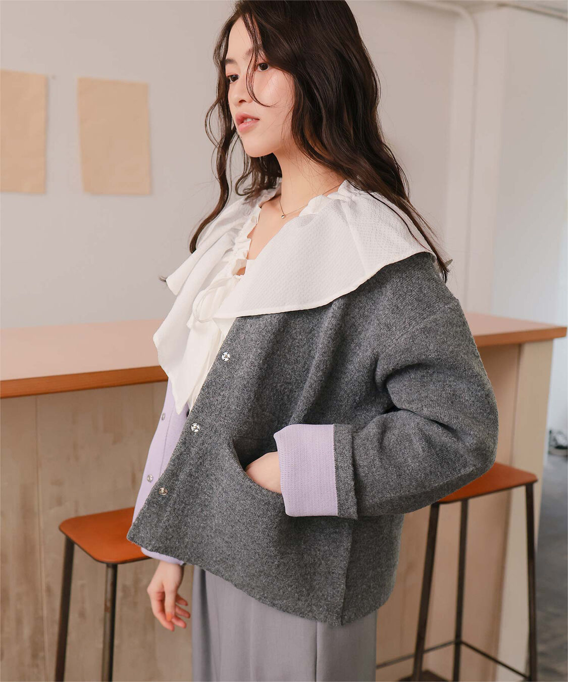 titivate「配色デザインニットコート/カーディガン」|ノーカラーコート|