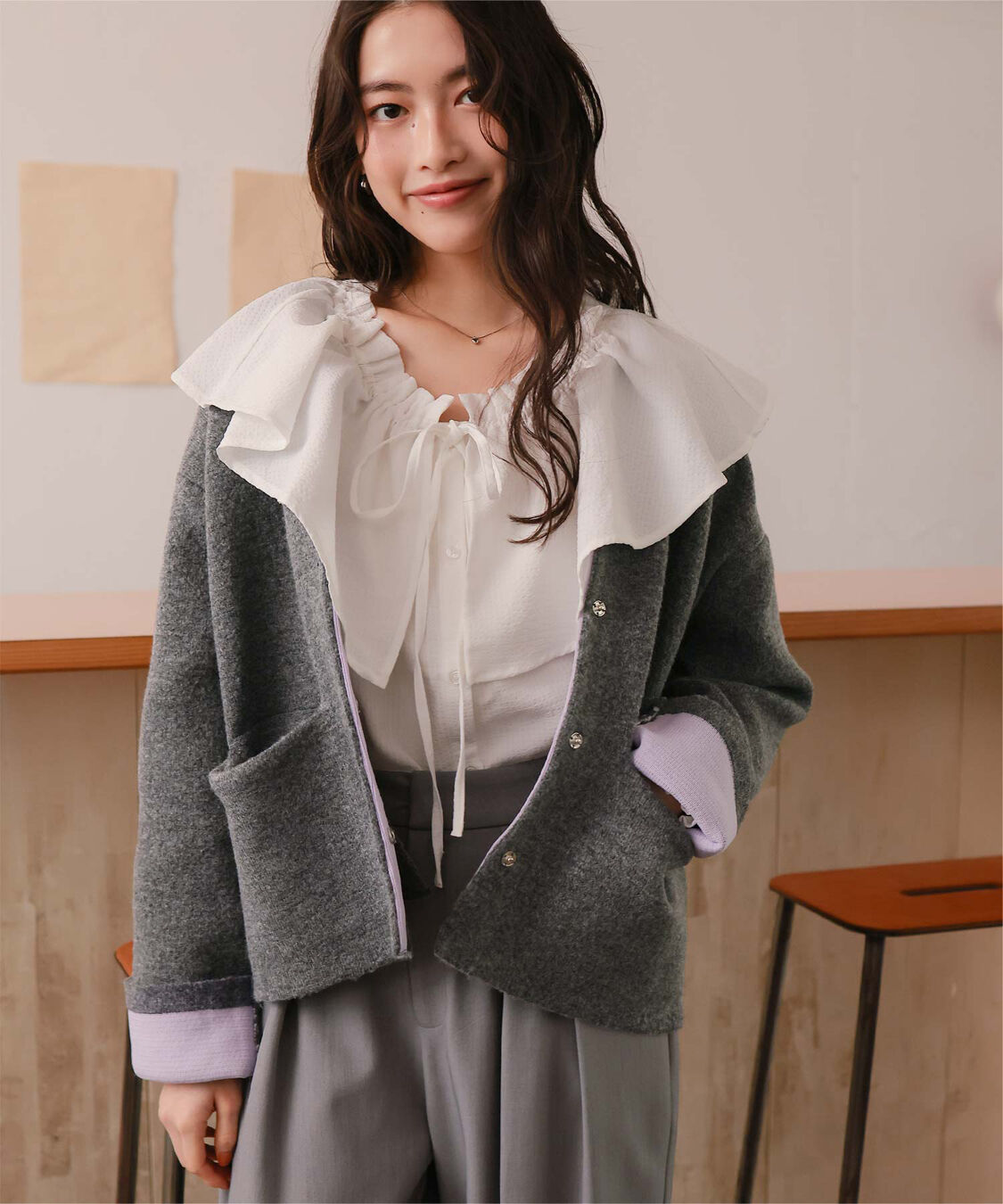 titivate「配色デザインニットコート/カーディガン」|ノーカラーコート|