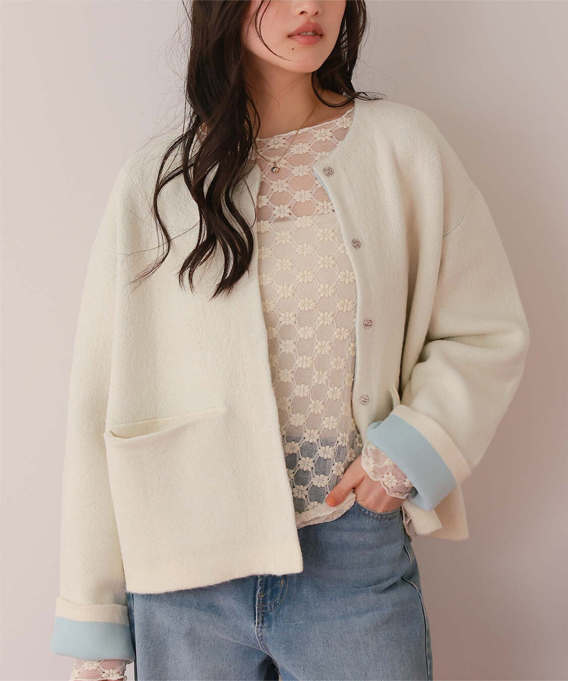 titivate「配色デザインニットコート/カーディガン」|ノーカラーコート|