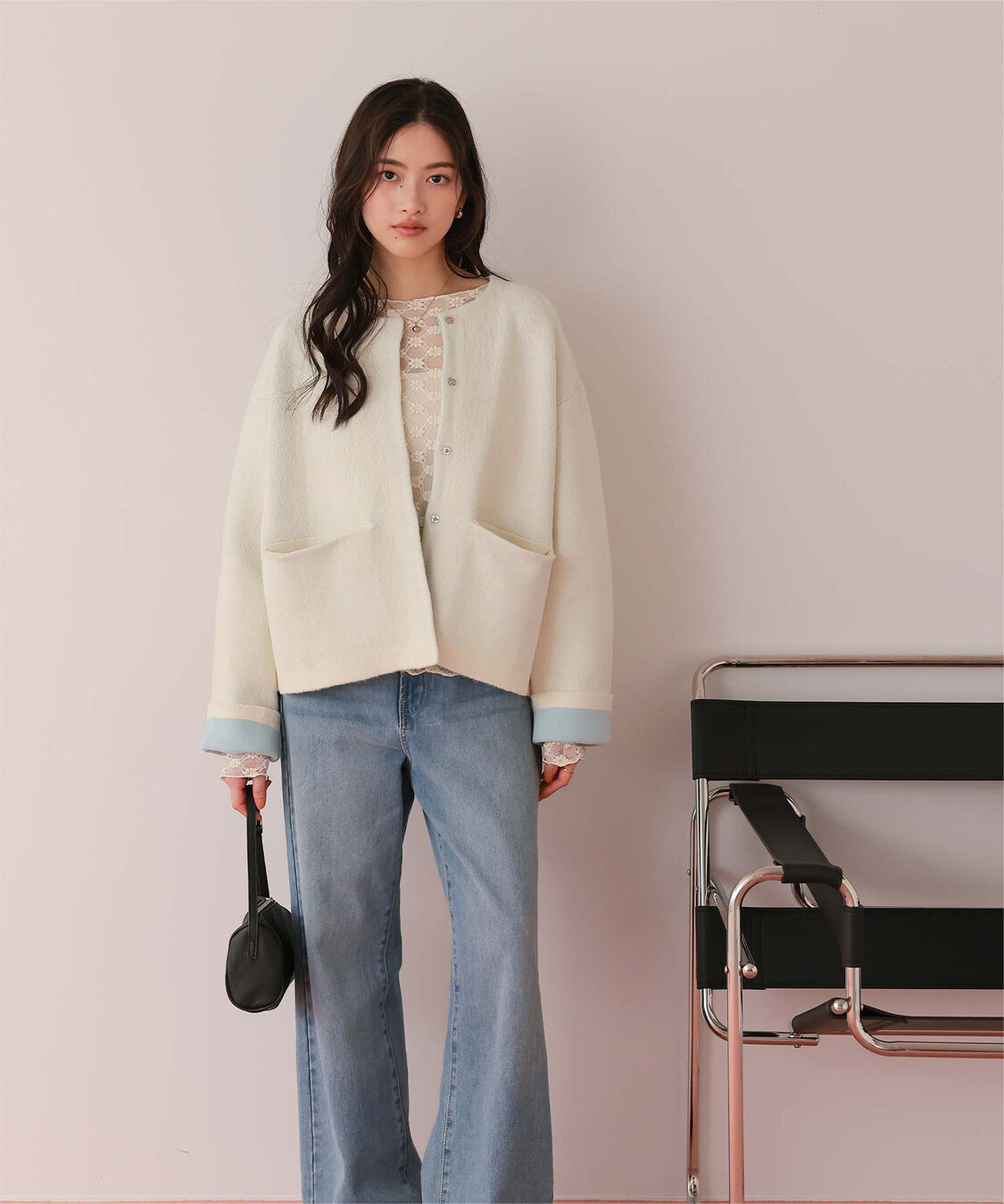 titivate「配色デザインニットコート/カーディガン」|ノーカラーコート|