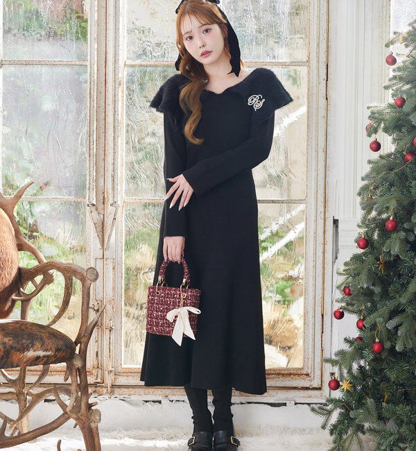  「ブローチ付きニットワンピース」|ワンピース|