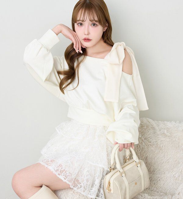  「肩リボン刺繍入りラメトップス」|プルオーバー|