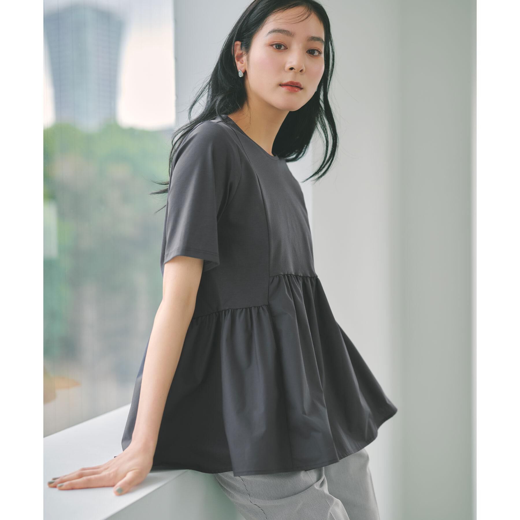 OPAQUE.CLIP「ペプラムドッキングカットソー【洗濯機OK】」|Tシャツ・カットソー|チャコールグレー(0