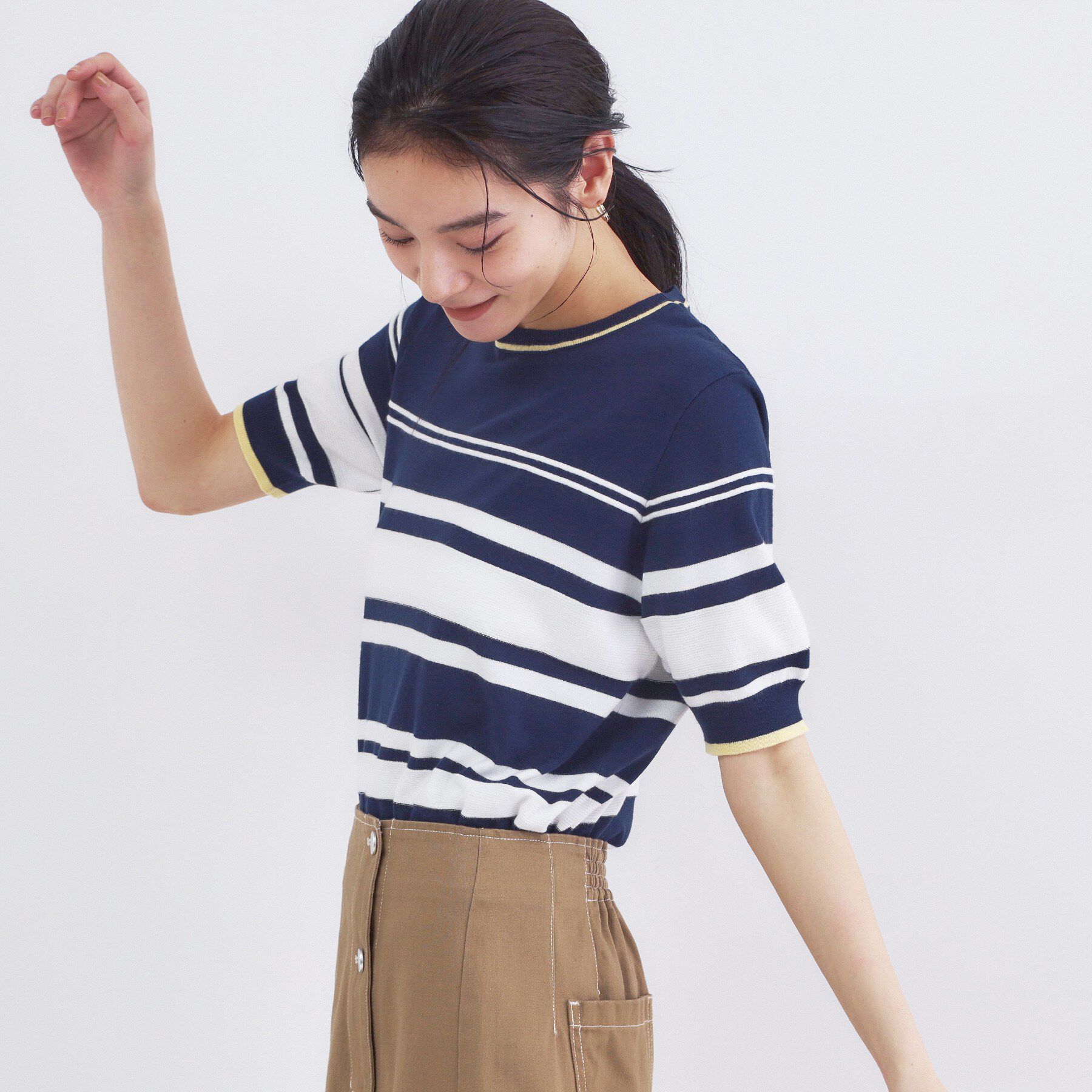 OPAQUE.CLIP「ランダムボーダーハーフスリーブニット【洗濯機OK】」|ニット・セーター|