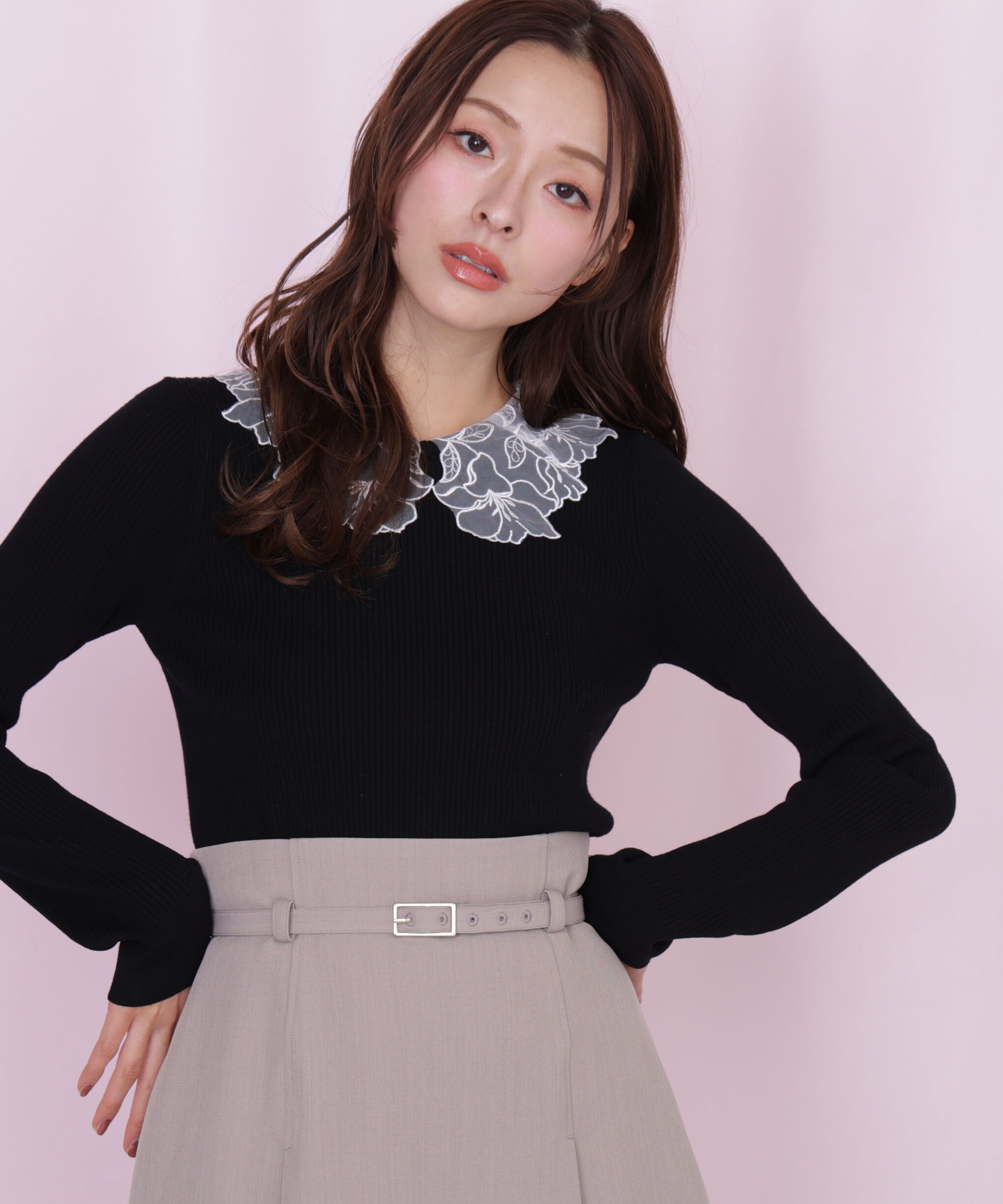  「レース襟コンパクトリブニット」|ニット・セーター|