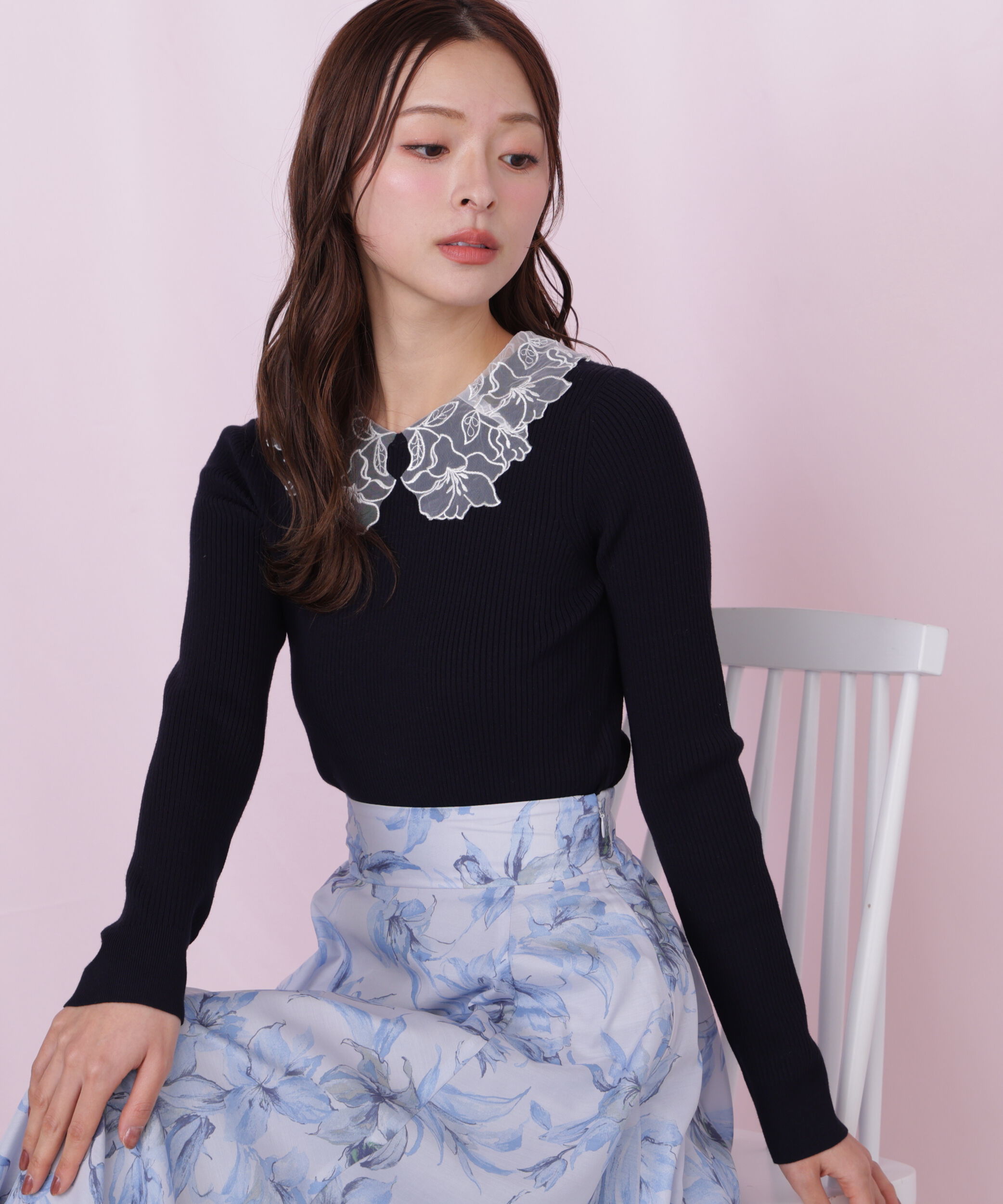  「レース襟コンパクトリブニット」|ニット・セーター|