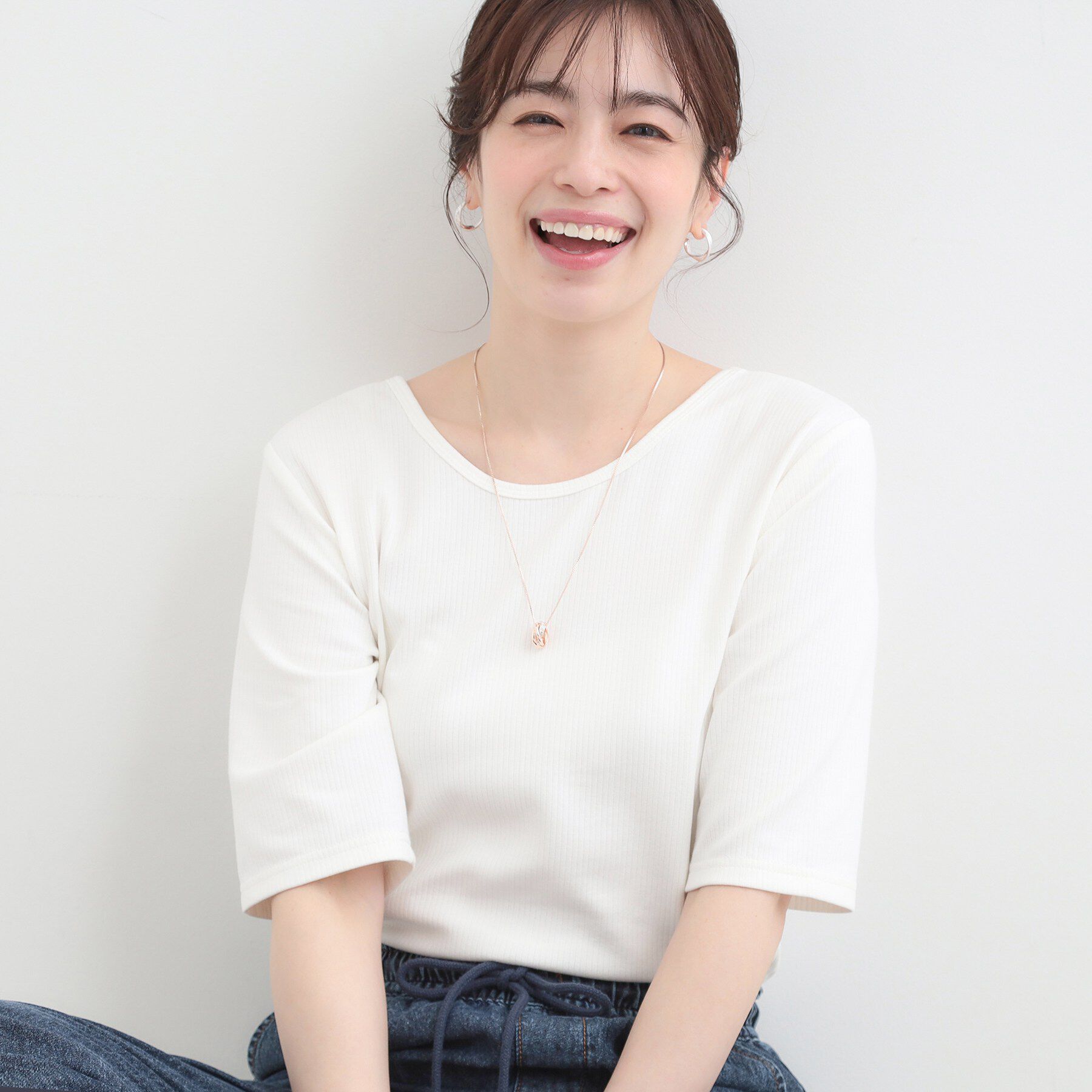 SHOO･LA･RUE「【ネックアソート】裏ひんやりテレコ5分袖トップス」|Tシャツ・カットソー|ホワイト(201)