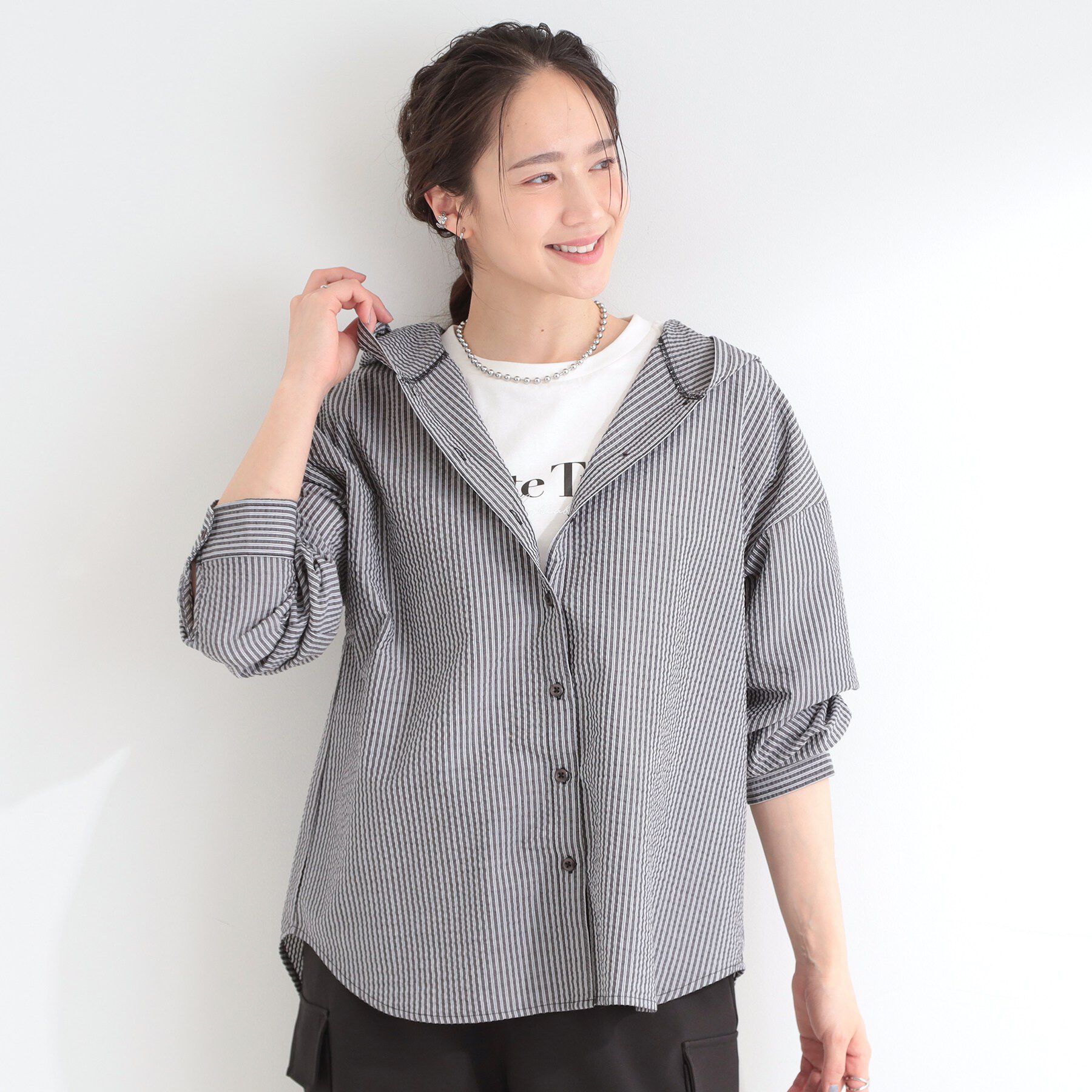 SHOO･LA･RUE「ストライプフードシャツ」|シャツ・ブラウス|