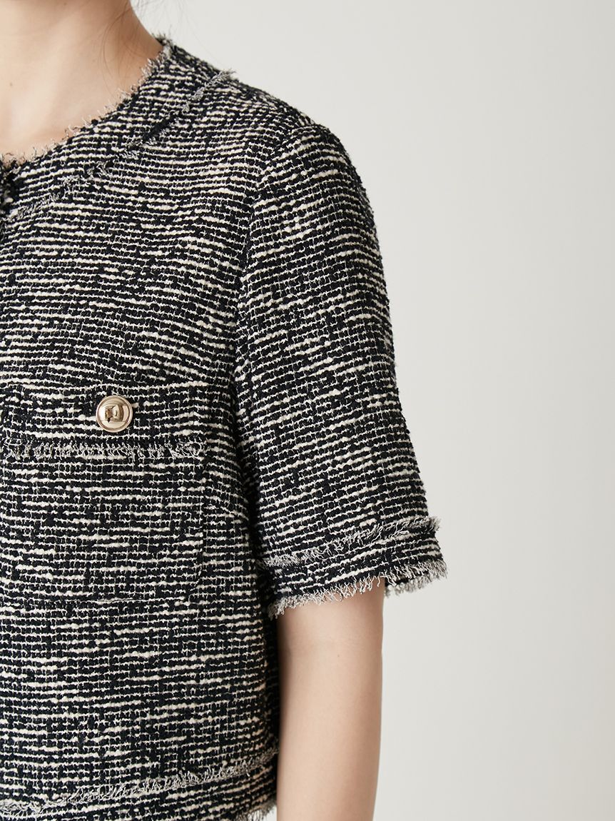 FRAY I.D「ツイードフリンジ半袖ジャケット」|ノーカラージャケット|