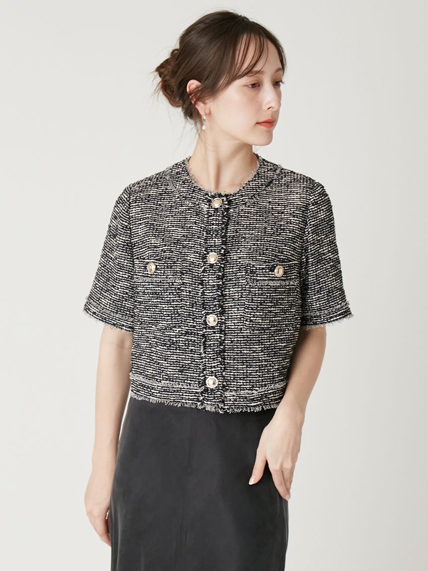 FRAY I.D「ツイードフリンジ半袖ジャケット」|ノーカラージャケット|