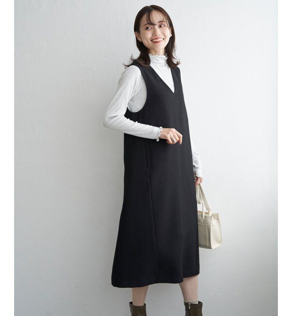 ikka「Vネックジャンパースカート」|ワンピース|ブラック
