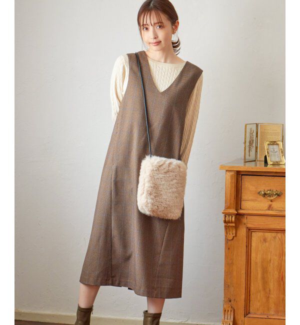 ikka「Vネックジャンパースカート」|ワンピース|ダークブラウン