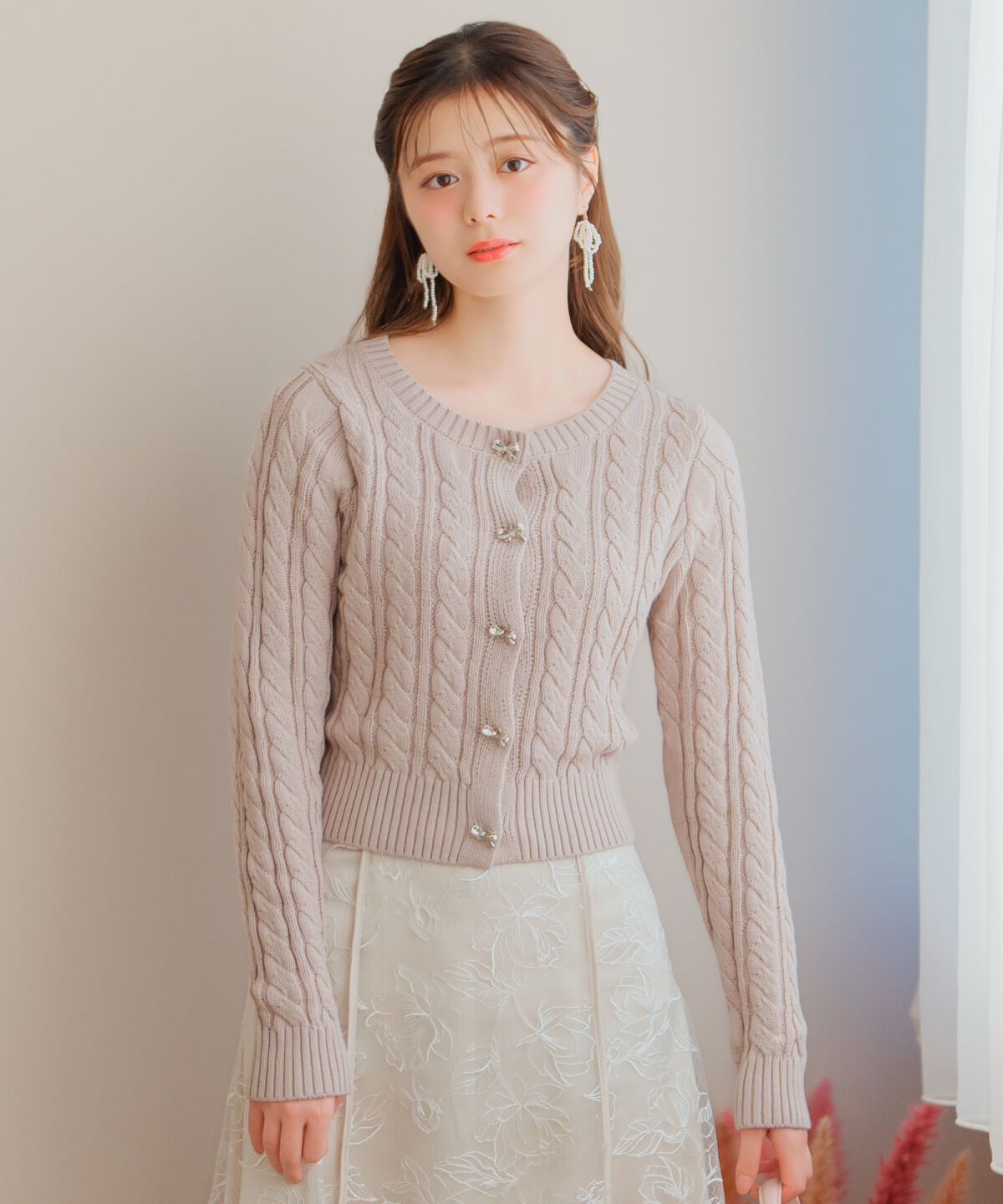 WILLSELECTION「ビジューリボンケーブルカーディガン」|カーディガン|