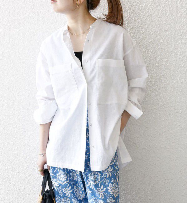SHIPS any「【WEB限定】SHIPS any: 〈洗濯機可能〉リネン ミックス スタンドカラー ポケット シャツ 25SS」|シャツ・ブラウス|