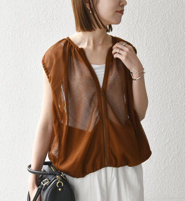 SHIPS any「SHIPS any:〈手洗い可能〉メッシュ シアー ドロスト ギャザー ノースリーブ ベスト」|ベスト・ジレ|