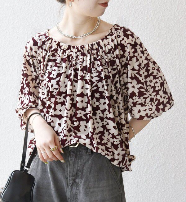 SHIPS any「SHIPS any:〈洗濯機可能〉フラワー ポリエステル ベロア シャーリング ブラウス」|シャツ・ブラウス|ワイン