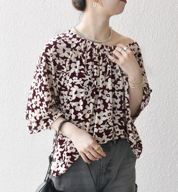 SHIPS any「SHIPS any:〈洗濯機可能〉フラワー ポリエステル ベロア シャーリング ブラウス」|シャツ・ブラウス|