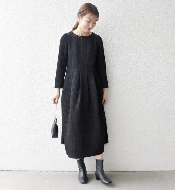 SHIPS any「SHIPS any:〈手洗い可能〉ジャカード ウエスト タック ノーカラー ワンピース［NAVY BLUE］」|ワンピース|