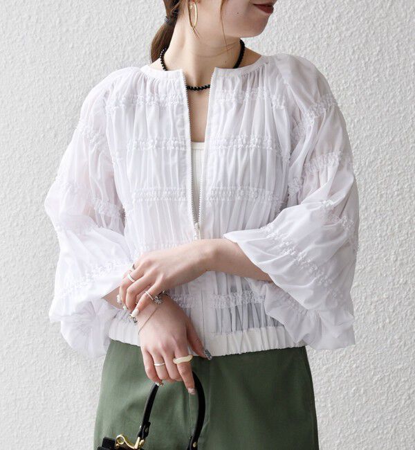 SHIPS any「SHIPS any:〈洗濯機可能〉シアー ギャザー フリル ブルゾン」|ブルゾン・スタジャン|