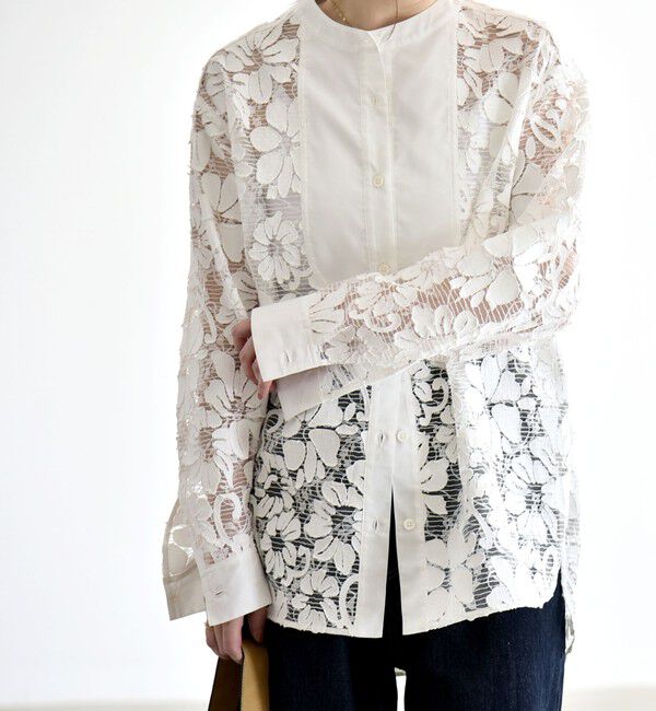 quaranciel「quaranciel:〈手洗い可能〉デニム フラワー レース バンドカラー シャツ」|シャツ・ブラウス|オフホワイト